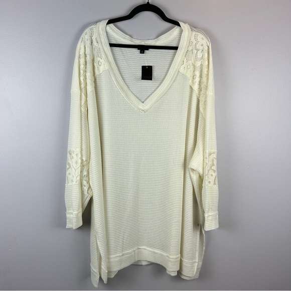 Torrid Neutral Waffle V-Neck Lace Inset Sweatshirt 6X NWT - Picture 4 of 16